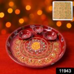 Hand-Painted Decorative Pooja Thali with  Motif and Diyas - Image 2