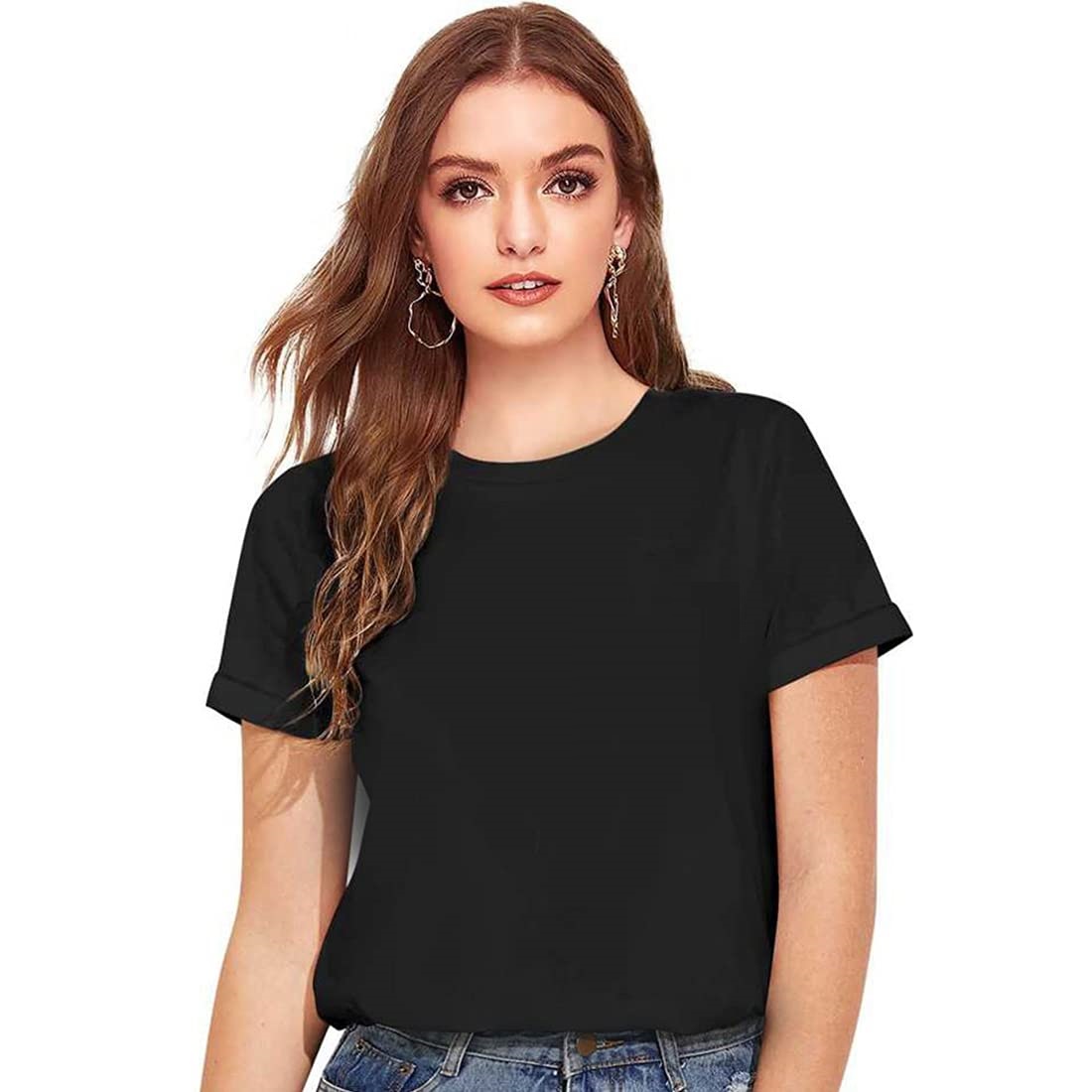 img-1-Solid.jpg Cotton Regular Fit Printed Round Neck T-Shirt For Women - Image 1