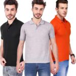 One-H Men's Polo Neck Short Sleeve Casual Tshirt Combo of Black, Orange, Grey colors (Pack of 3)