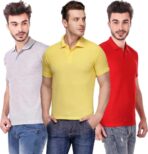One-H Men's Polo Neck Short Sleeve Casual Tshirt Combo of Red, Grey, Yellow colors (Pack of 3)