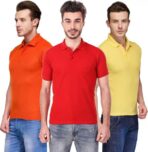 One-H Men's Polo Neck Short Sleeve Casual Tshirt Combo of Red, Orange, Yellow colors (Pack of 3)