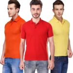 One-H Men's Polo Neck Short Sleeve Casual Tshirt Combo of Red, Orange, Yellow colors (Pack of 3)