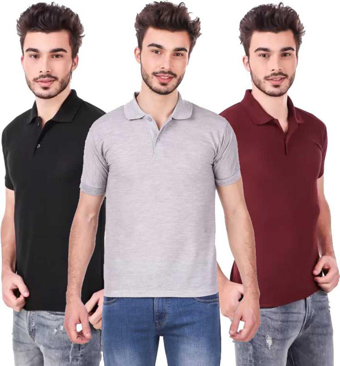 xl-tshirt-combo-3-black-grey-maroon-phonicz-retails-original-imafg4bxz3zbwfpr.jpeg One-H Men's Polo Neck Short Sleeve Casual Tshirt Combo of Maroon, Black, Grey colors (Pack of 3) - Image 1