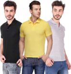One-H Men's Polo Neck Short Sleeve Casual Tshirt Combo of Black, Grey, Yellow colors (Pack of 3)