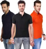 One-H Men's Polo Neck Short Sleeve Casual Tshirt Combo of Dark Blue, Black, Orange colors (Pack of 3)