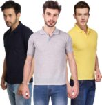 One-H Men's Polo Neck Short Sleeve Casual Tshirt Combo of Dark Blue, Grey, Yellow colors (Pack of 3)