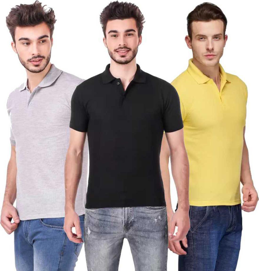 xl-tshirt-combo-3-grey-black-yellow-phonicz-retails-original-imafg4cjypstgs8d.jpeg One-H Men's Polo Neck Short Sleeve Casual Tshirt Combo of Black, Grey, Yellow colors (Pack of 3) - Image 1