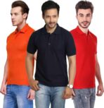 One-H Men's Polo Neck Short Sleeve Casual Tshirt Combo of Dark Blue, Red, Orange colors (Pack of 3)