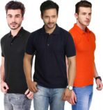 One-H Men's Polo Neck Short Sleeve Casual Tshirt Combo of Dark Blue, Black, Orange colors (Pack of 3)