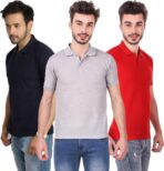 One-H Men's Polo Neck Short Sleeve Casual Tshirt Combo of Dark Blue, Red, Grey colors (Pack of 3)