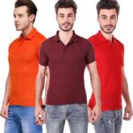 One-H Men's Polo Neck Short Sleeve Casual Tshirt Combo of Red, Maroon, Orange colors (Pack of 3)