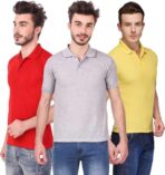 One-H Men's Polo Neck Short Sleeve Casual Tshirt Combo of Red, Grey, Yellow colors (Pack of 3)